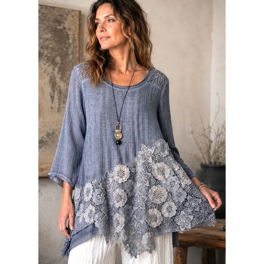 Krazy Kat Womens 3/4 Sleeve Asymmetrical Floral Crochet‎ Tunic Size L Lagenlook